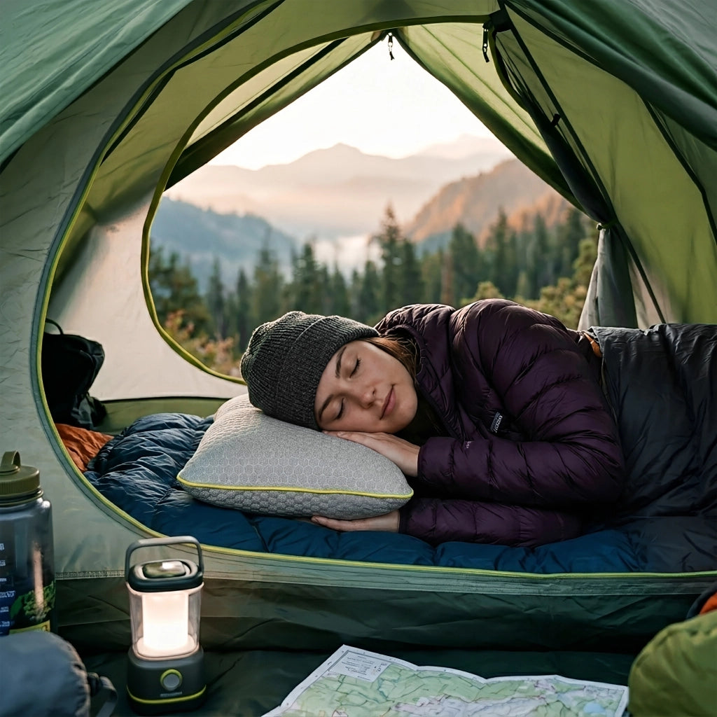 Cuscino Portatile Da Campeggio Memory Foam 37x26 cm – Ideale per Materassino e Tenda, Compatto e Traspirante, Supporto Testa e Collo per Outdoor, Viaggio,Trekking Federa Sfoderabile
