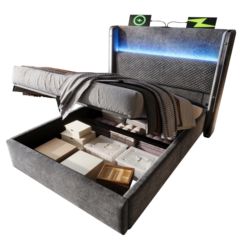 Letto singolo 90x200 cm con contenitore; testiera alta in lino grigio; LED e prese USB Type-C