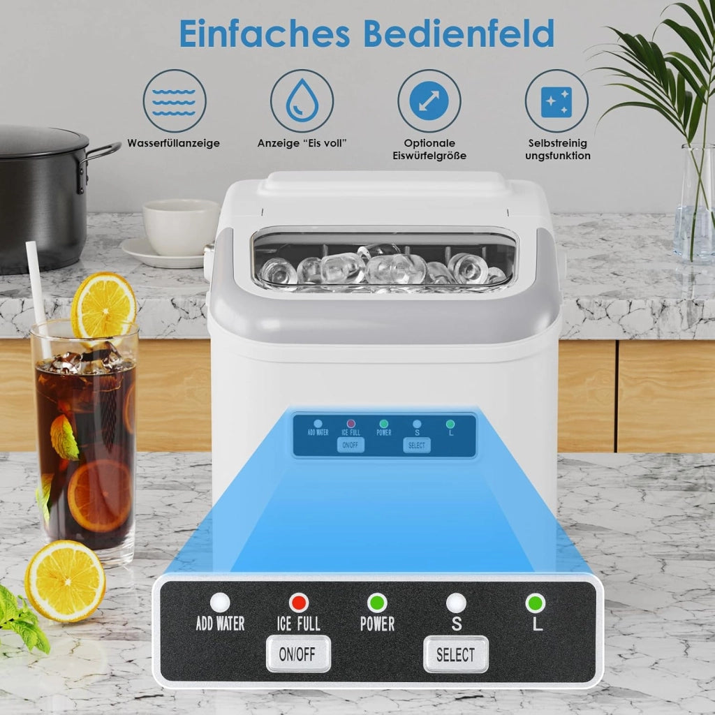 Macchina Ghiaccio, 12 kg/24h, 9 Cubetti di Ghiaccio in 6 Minuti, 2 Dimensioni di Ghiaccio, Silenzioso, Macchina del Ghiaccio Casa Autopulente con Maniglia/Cestello/Paletta, per Cucina/Ufficio/Bar
