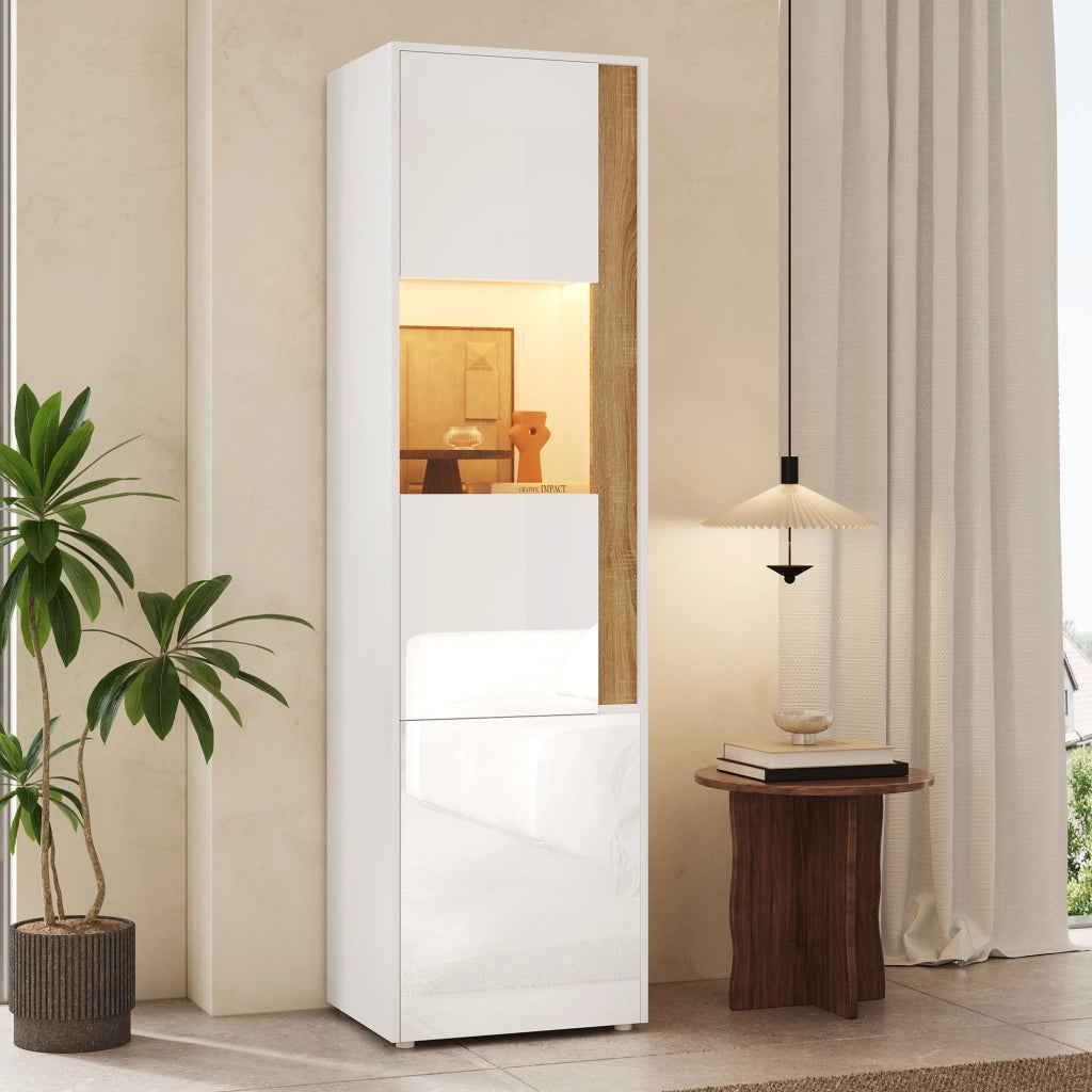 Vetrina con LED ¨C MINIMAL ¨C Bianco/Naturale, 2 Ante, Legno, 50x40x179 cm