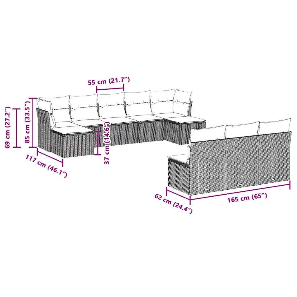 Set Divano Giardino 10 pz con Cuscini Grigio Chiaro Polyrattan
