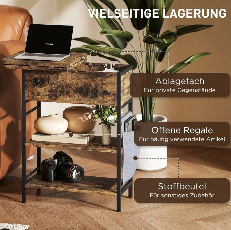 Tavolino laterale con prese AC; USB e USB-C; 60 x 29;8 x 58;5 cm; marrone rustico
