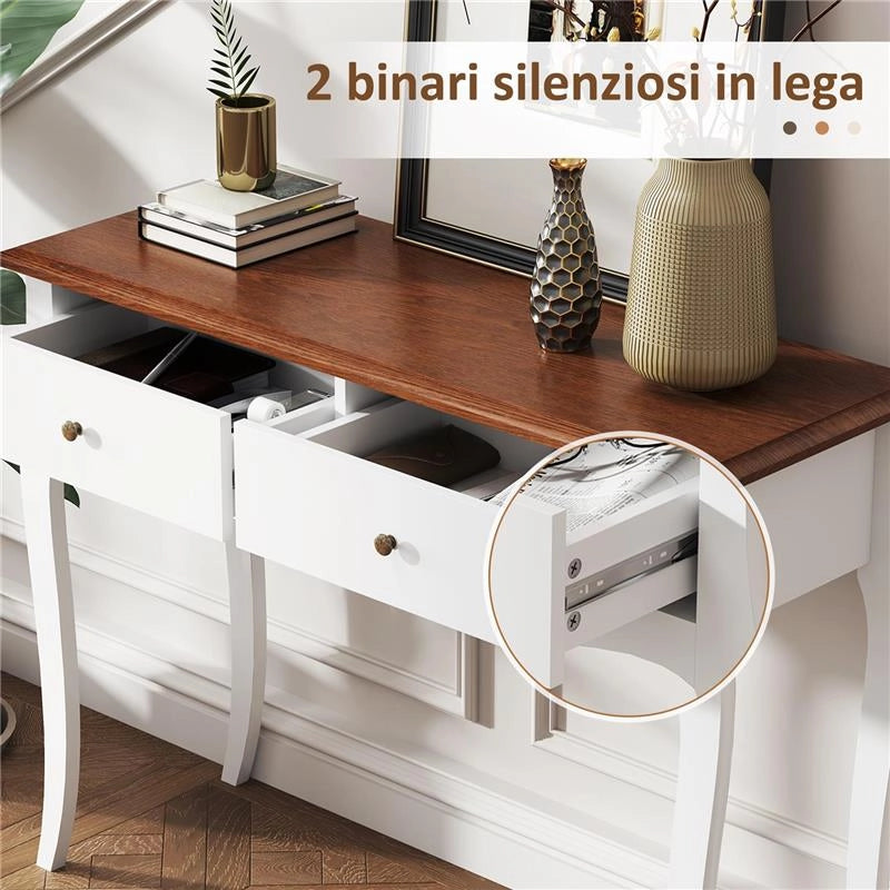 TAVOLO CONSOLLE MODERNO CON 2 CASSETTI IN LEGNO, 100X35X76.5 CM, BIANCO E MARRONE SCURO