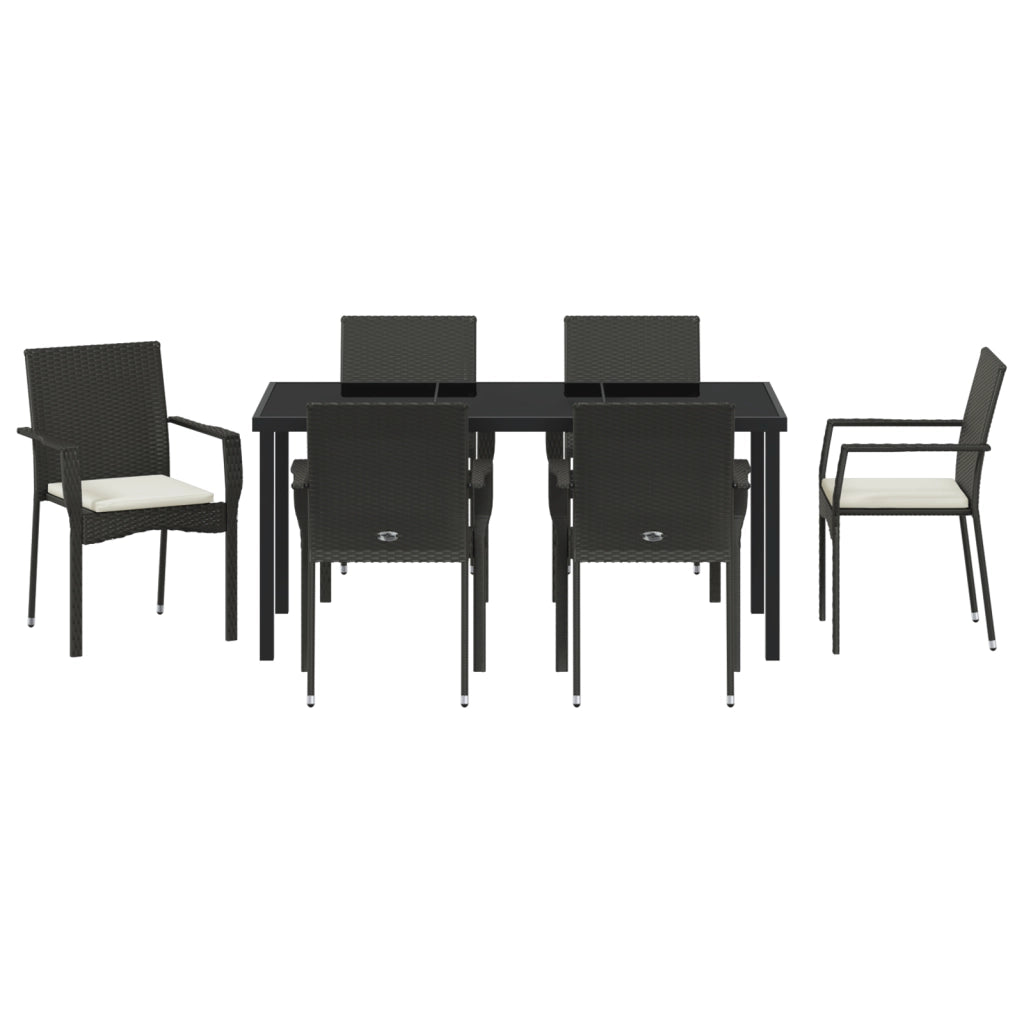 Set da Pranzo da Giardino con Cuscini Nero Polyrattan
