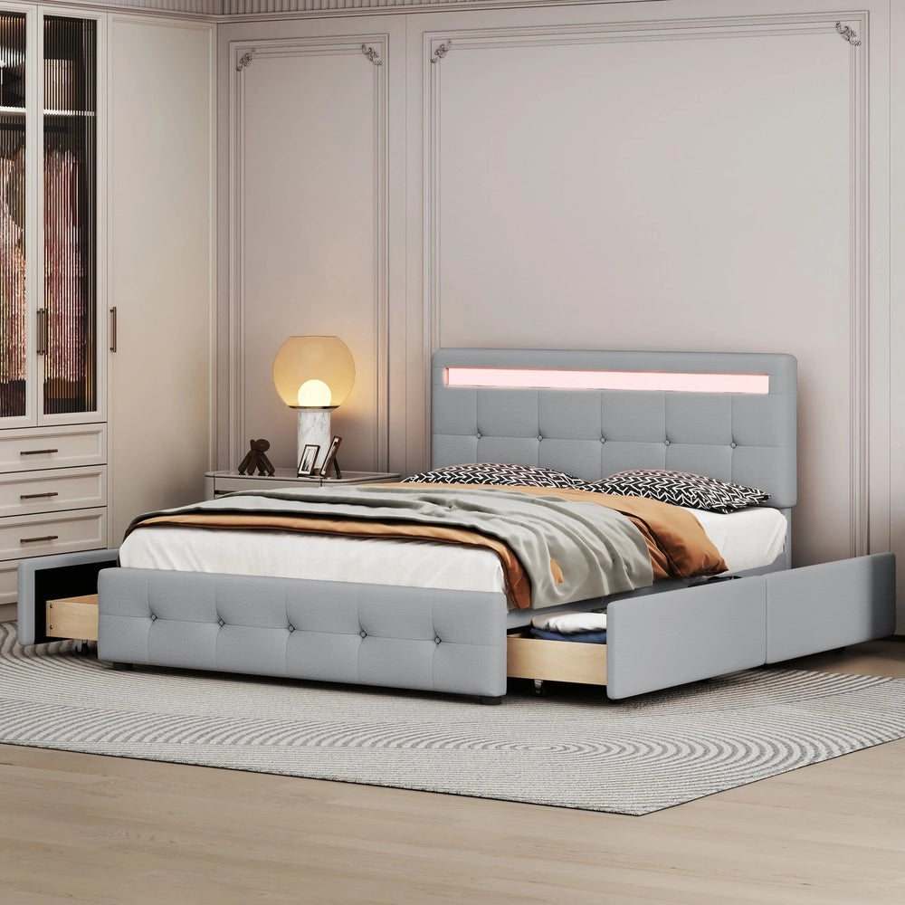 Letto Imbottito con LED, Cassetti e Contenitore ¨C MINIMAL ¨C Grigio 140x200