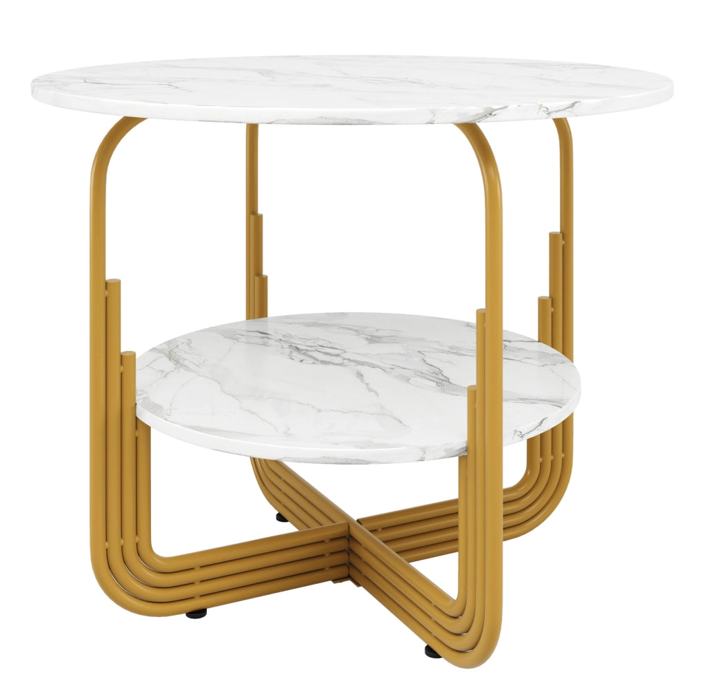 Tavolo da pranzo rotondo 80x80x76 cm con piano effetto marmo in MDF; oro