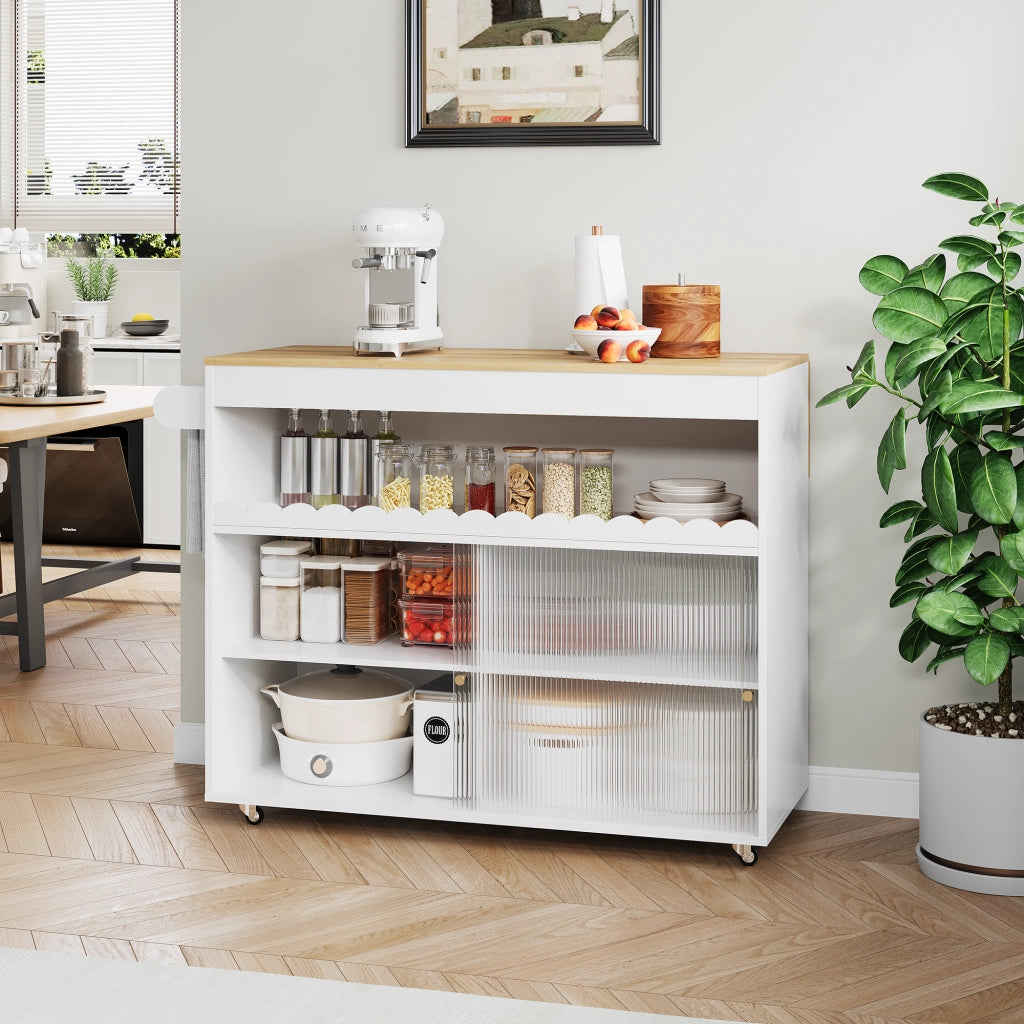 Isola Cucina Mobile 122x46/69x91 cm Bianca e Rovere con Piano Ribaltabile, Vetro e 5 Ruote