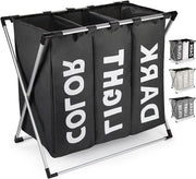 Scatola per Lavanderia a 3 Comparti Pieghevole da 102 Litri Trio - Grande Assortimento di 3 Pezzi con Scatola per Lavanderia Oxford Impermeabile con Maniglia per Bagno - Assortimento per Lavanderia per Abiti Sporchi (Nero)