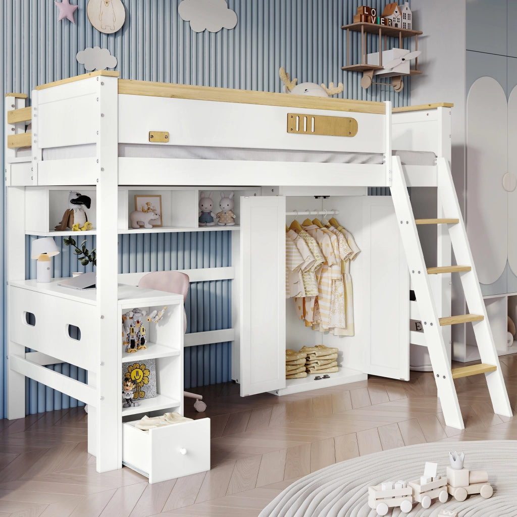 Letto a Castello 90x200 cm - Scrivania; Armadio e Scaffale Aperto - in Legno e MDF - Bianco e Naturale