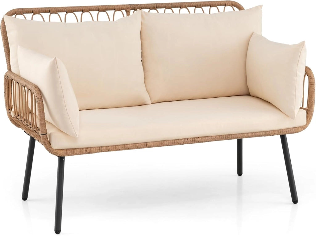 Divanetto da Giardino 2 Posti, Divano da Esterno in Rattan con Cuscini Morbidi e Piedini Regolabili, Portata 300 kg, Panca da Giardino per Terrazza e Bordo Piscina, 118 x 62 x 81 cm