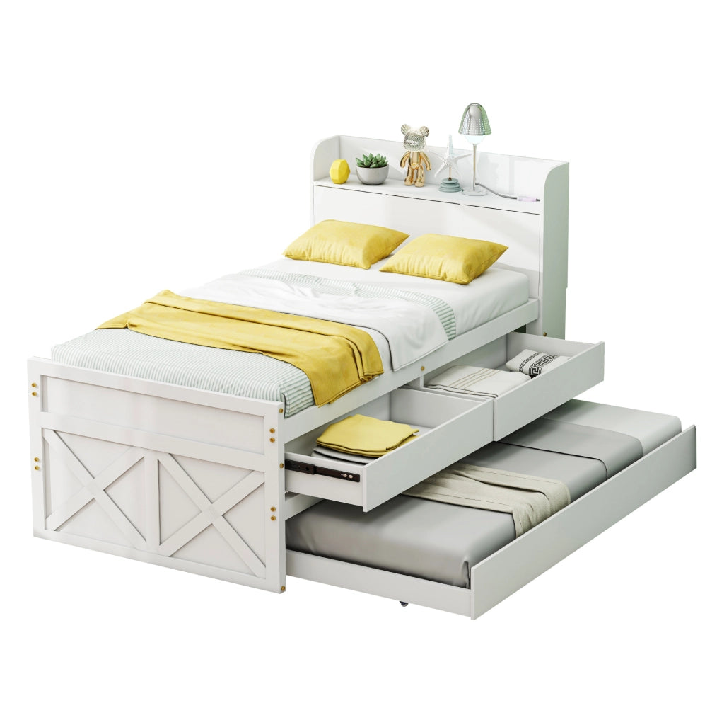 Letto 90x190 cm con letto estraibile; cassetti e USB in legno