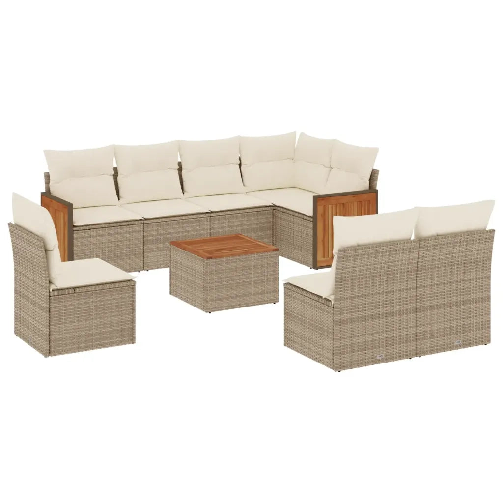 Set Divano da Giardino 9 pz con Cuscini Beige in Polyrattan