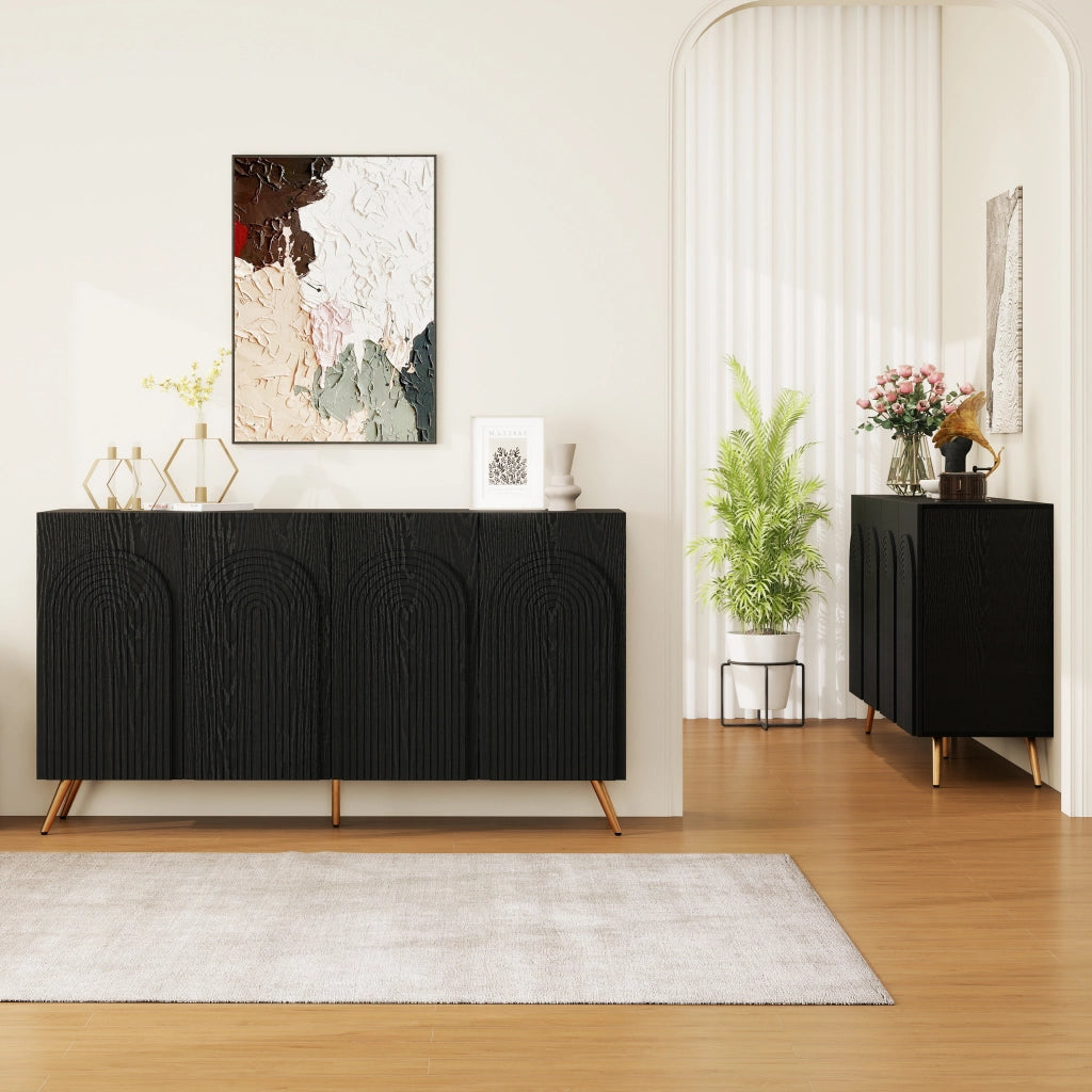 Credenza Mid-Century con Ante ad Arco e Scanalature 3D ¨C MINIMAL ¨C Legno, Gambe Dorate, Nero