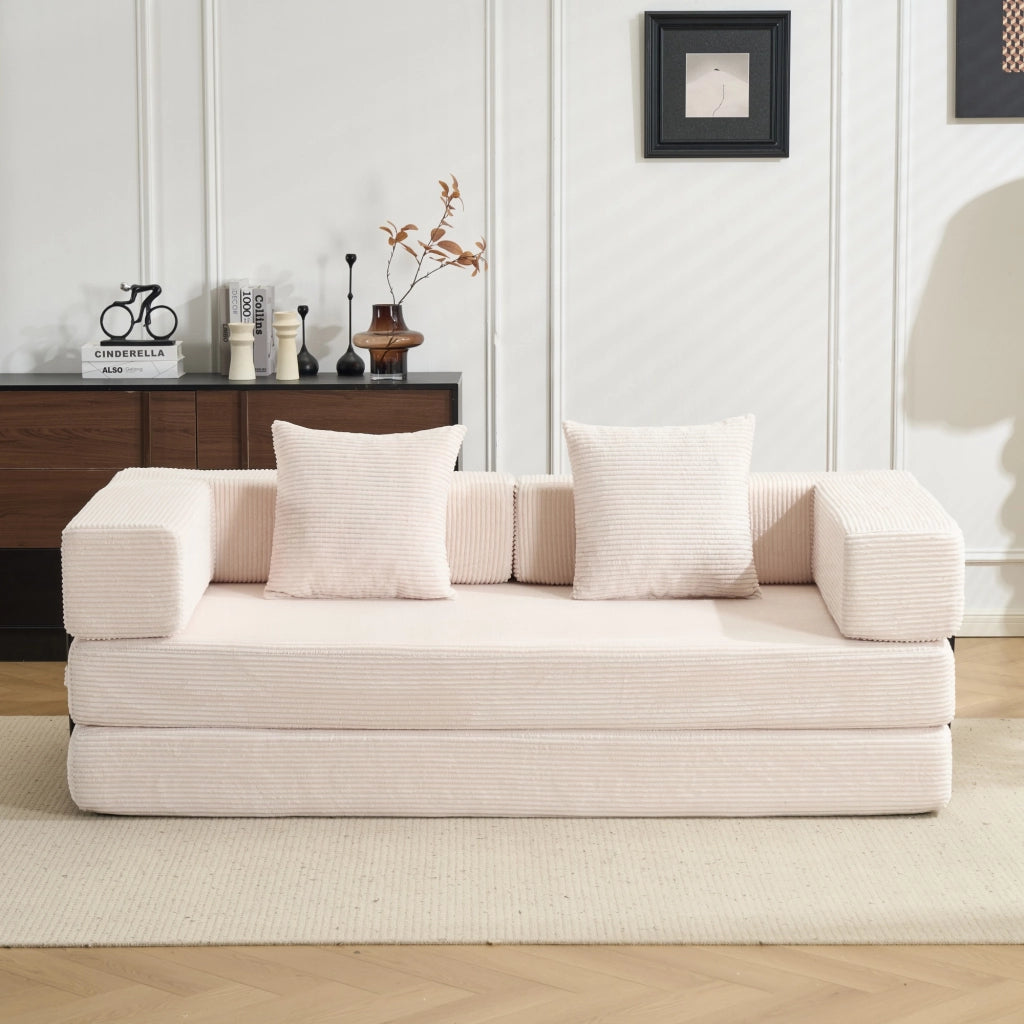 Divano letto pieghevole da pavimento con schienale e braccioli in velluto a coste bianco 185 × 92,5 × 60 cm