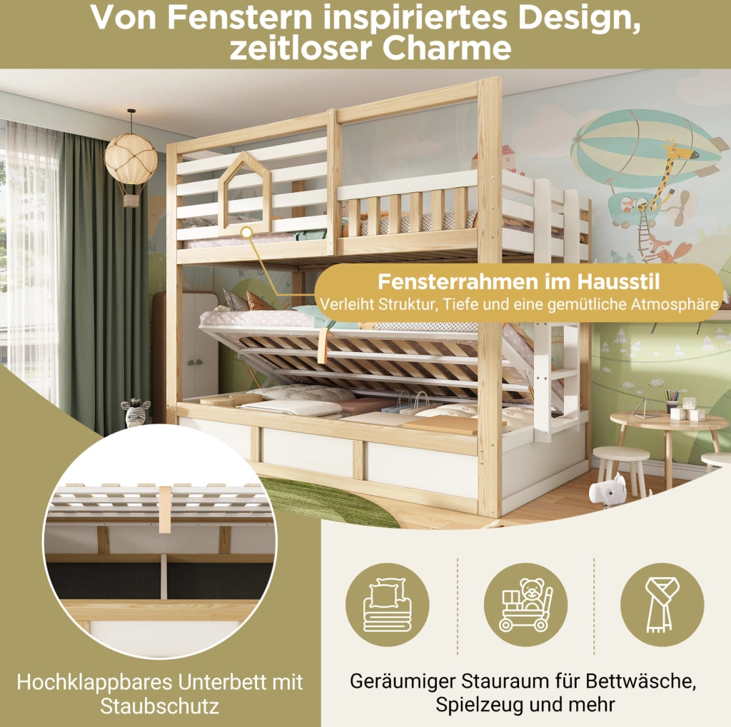 Letto a castello per bambini 90x200 cm in legno; stile casetta; bianco e rovere con scala dritta e contenitore