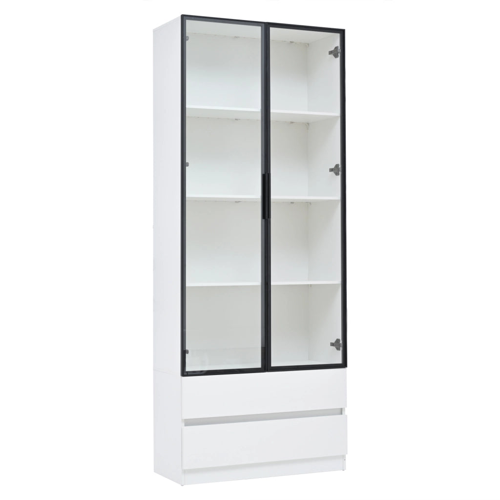 Vetrina con LED, 2 ante e 2 cassetti, per soggiorno e studio, in MDF e vetro temperato, bianco, 80 × 34 × 200 cm