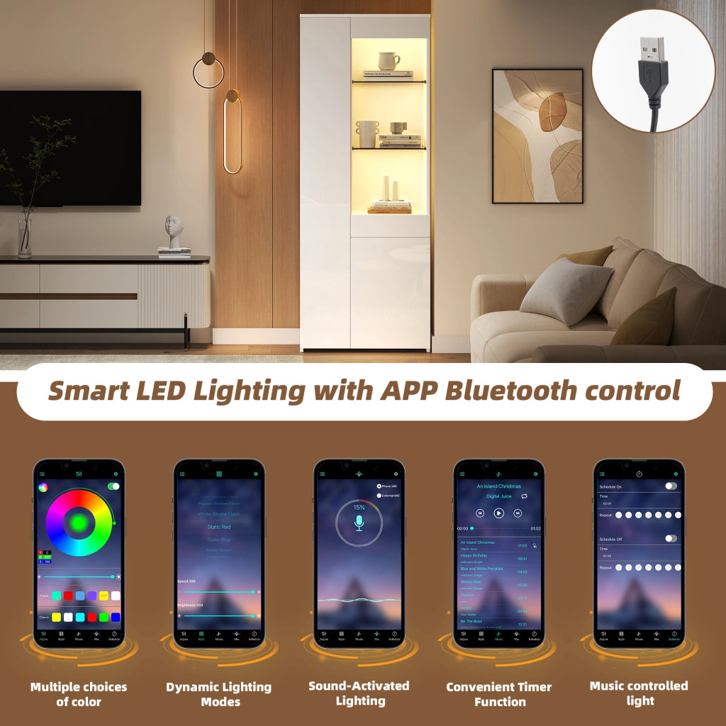 Vetrina con 2 ante, 1 cassetto e vani aperti con LED per soggiorno, in truciolato e vetro, bianco, 70 × 35 × 180 cm