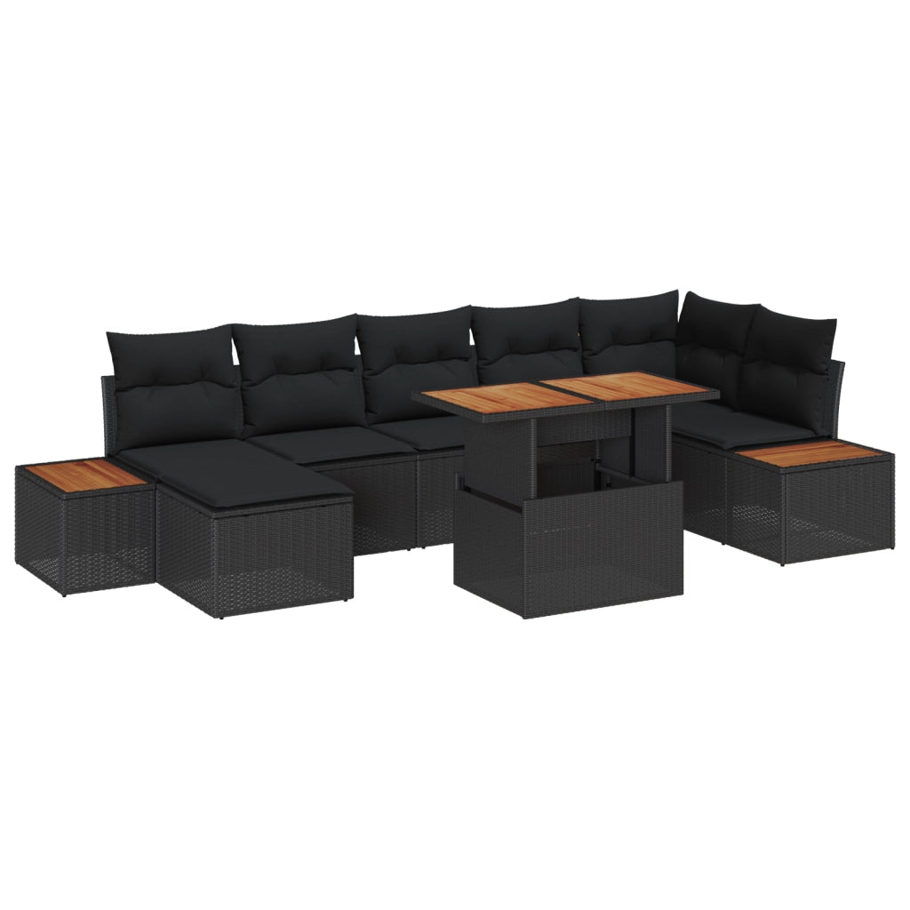 Set da Pranzo da Giardino in 8 Pezzi con Cuscini Nero Polyrattan Acacia