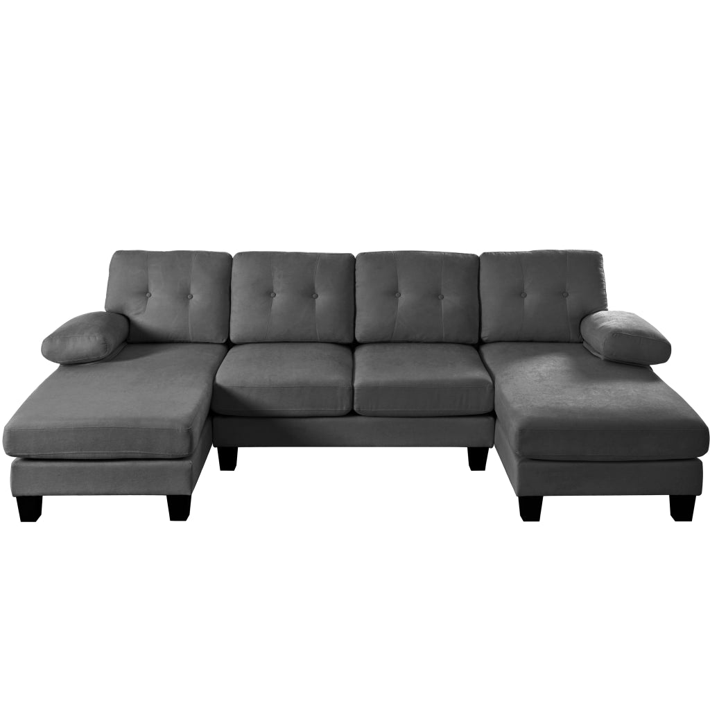 Divano angolare 4 posti - con chaise longue; tasche laterali e schienale trapuntato - in chenille grigio