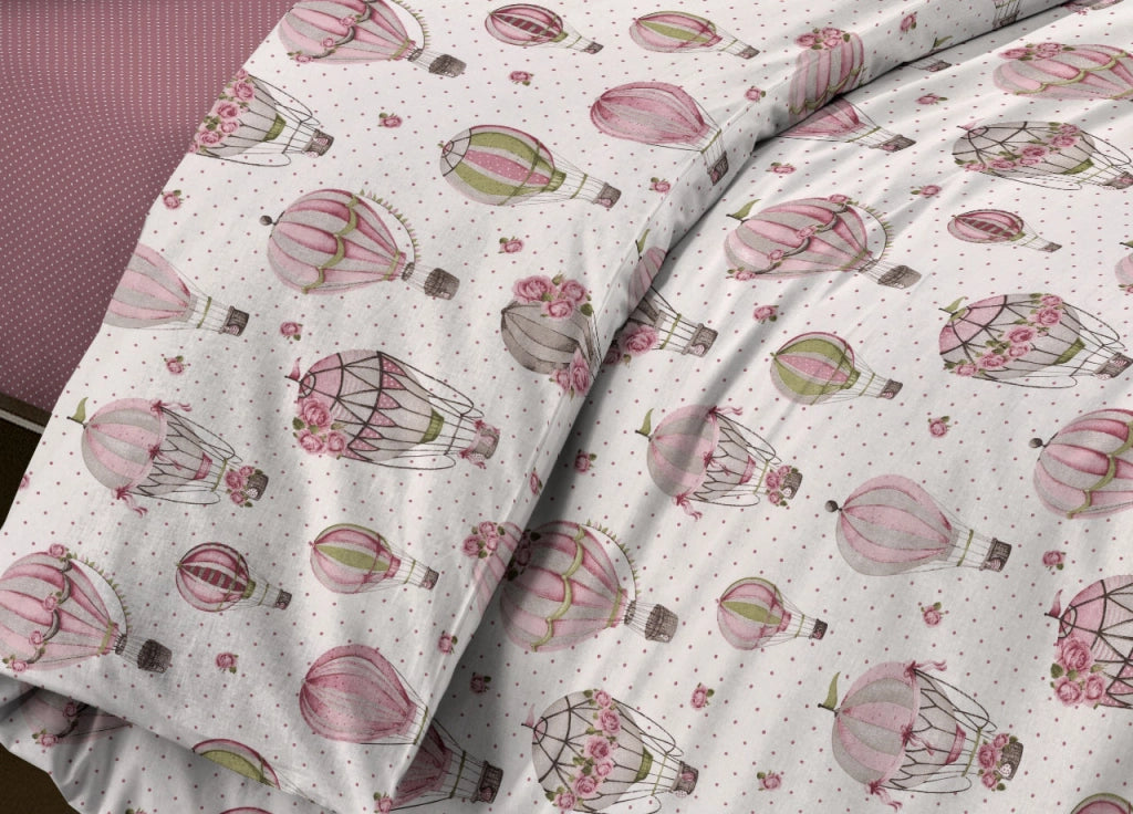 Sacco Copripiumino Piumone Letto In 100% Cotone Made Italy Vari Disegni RP - 1 Piazza - Mongolfiera Rosa