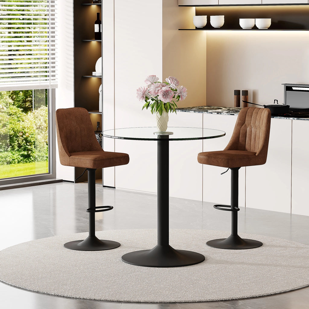 Tavolo da bar rotondo in vetro con 2 sgabelli girevoli, base in metallo nero, per bar e cucina, 89 cm