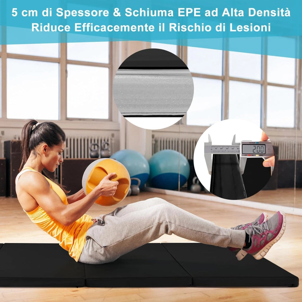 Tappetino da Ginnastica con Maniglia, Gancio, Chiusura a Cerniera e Copertura in Pelle PU Staccabile, Tappetino da Esercizio Pieghevole per Yoga, Stretching e Aerobica