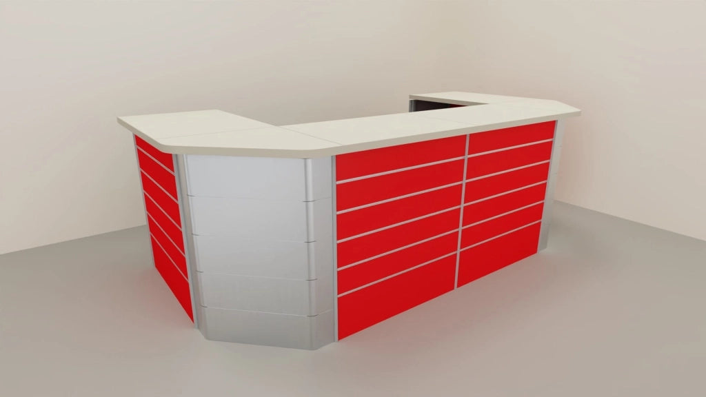 Composizione banco cassa angolare con pannello dogato per esposizione negozio abbigliamento cm. 156x156x106h