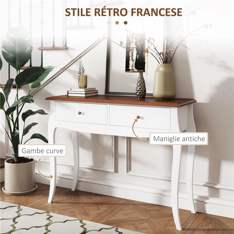 TAVOLO CONSOLLE MODERNO CON 2 CASSETTI IN LEGNO, 100X35X76.5 CM, BIANCO E MARRONE SCURO