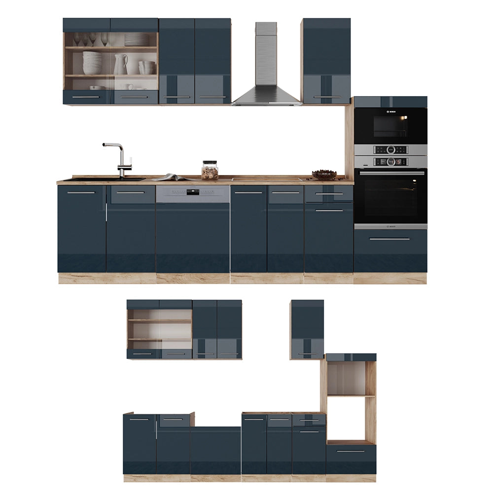Cucina componibile Fame-Line Blu scuro lucido/Rovere dorato 300 cm con armadio alto, PL Antracite Vicco