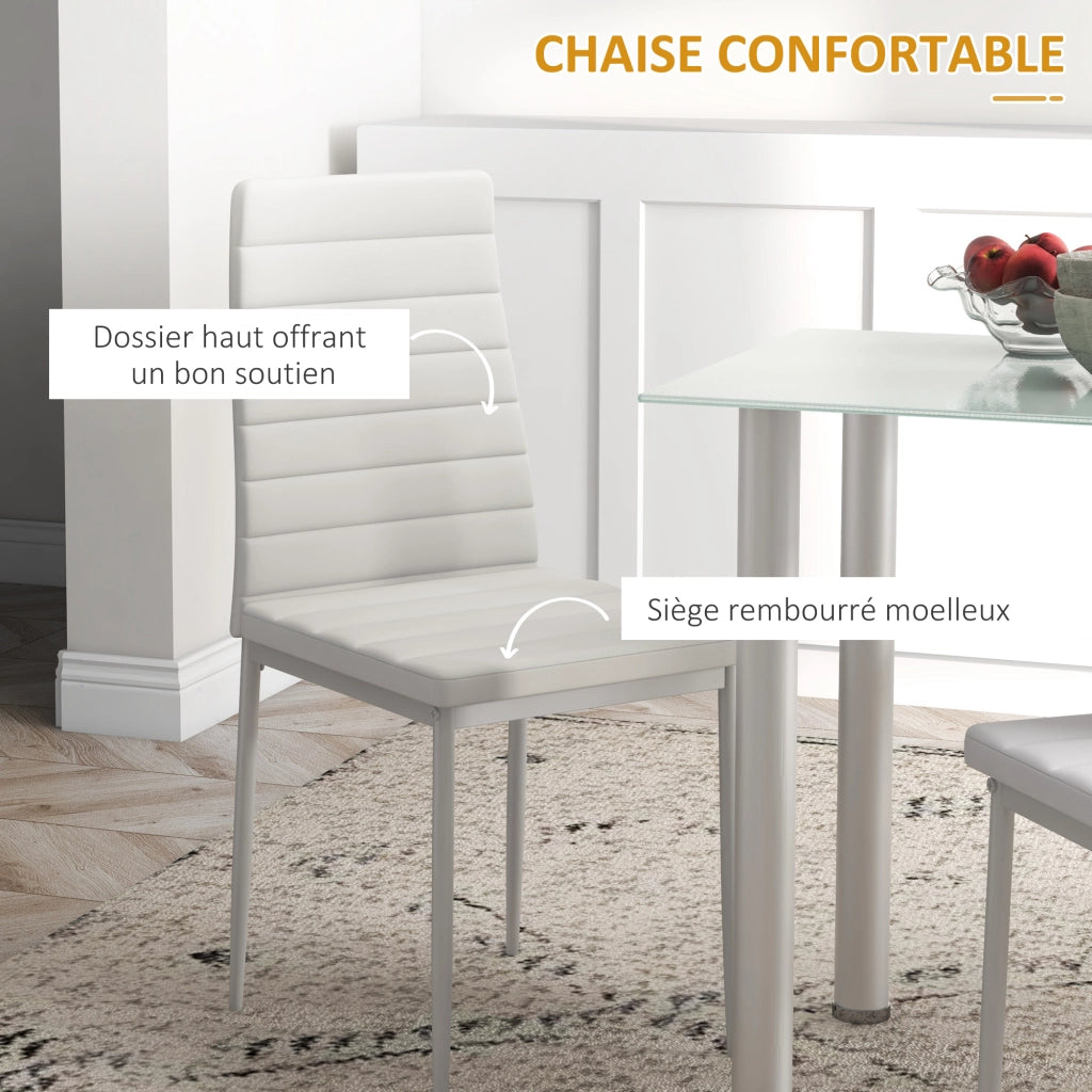 Tavolo da pranzo allungabile con 4 sedie ¨C zephmum ¨C piano in vetro temperato, gambe in acciaio, bianco
