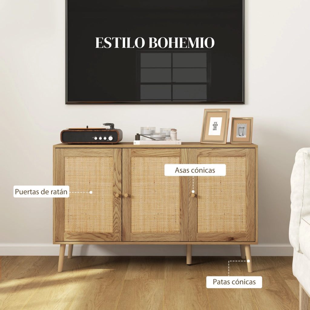 Armadio per Soggiorno con Porte in Rattan e Ripiani Regolabili ¨C zephmum ¨C 120x40x75 cm Legno Naturale