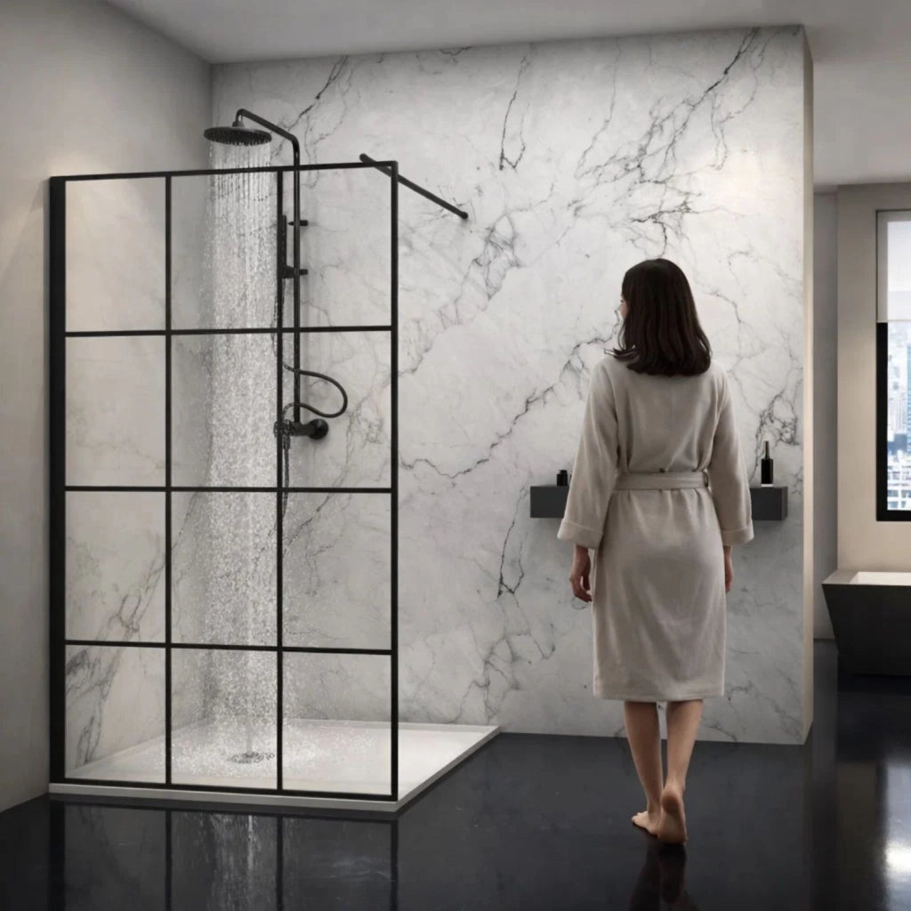 Parete doccia walk-in in cristallo temprato con profilo nero cristallo 8 mm *** misure 107-109xh200 cm, confezione 1