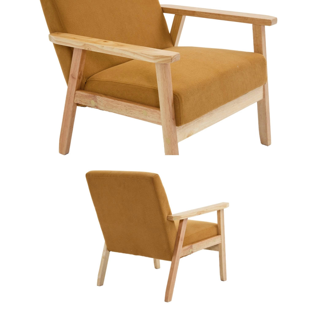 Poltrona scandinava in legno e velluto a coste, mostarda