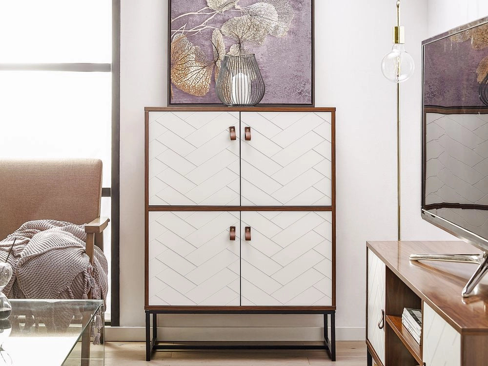 Credenza in legno scuro con gambe in metallo bianco Mobiletto 2 scomparti 4 ante 100 x 76 cm Mobili da soggiorno tradizionali moderni