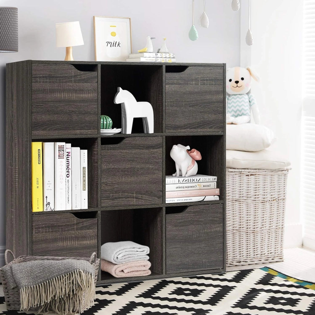 Armadietto Libreria a 3 Livelli, con 6/9 Scomparti, 3/5 Ante, Mobiletto Portalibri Moderno, Multiuso e Salvaspazio, Ideale per Soggiorno, Studio, Ufficio, Camera (Grigio, 90x29x90 cm)