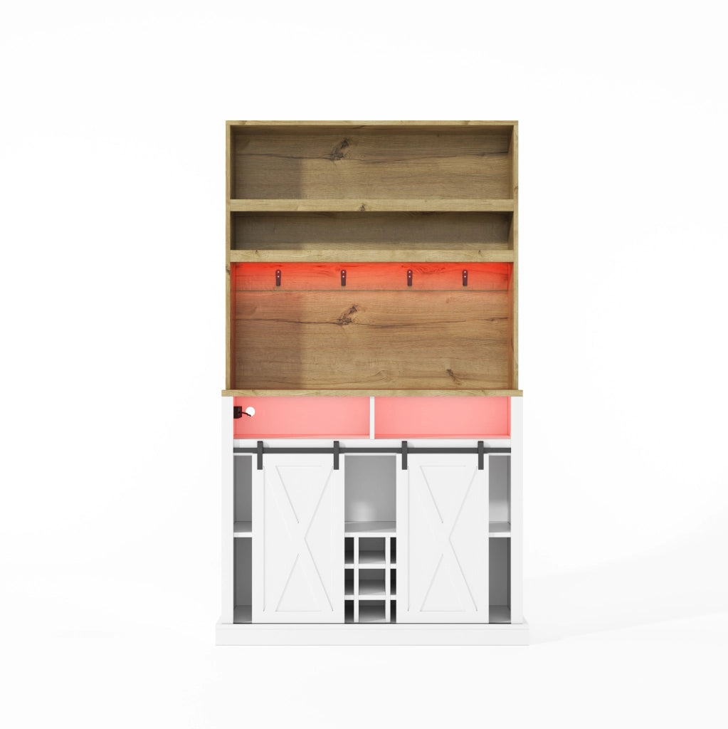 Credenza alta 110x40x191 cm con vetrina; prese USB e LED in MDF naturale e bianco
