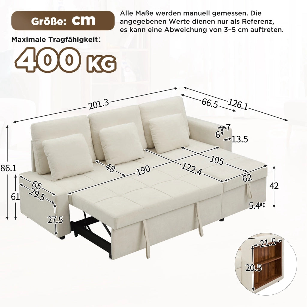 DIVANO LETTO 3 Posti Estraibile con Récamiere e Contenitore in Chenille Beige Chiaro