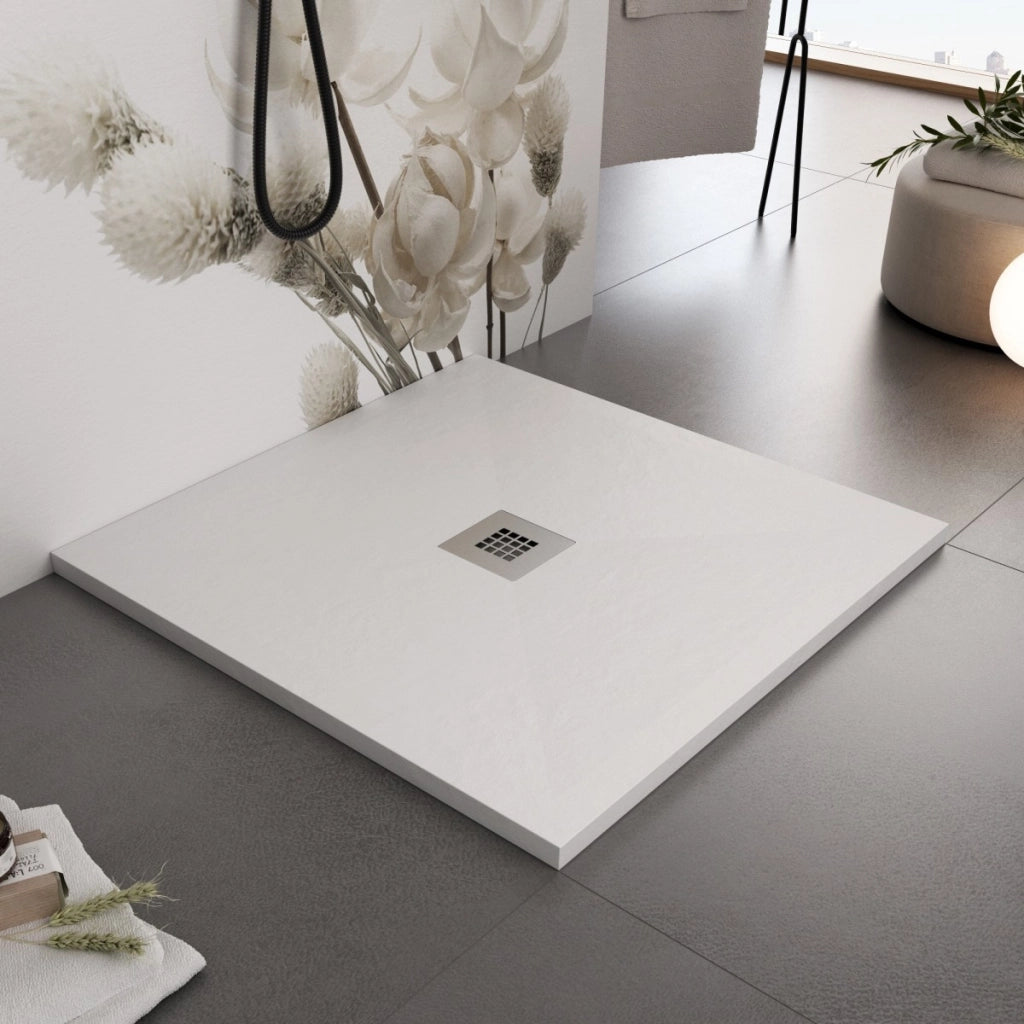 Piatto doccia bianco in marmoresina con griglia inox e piletta gratis - star plus, misura 120x120