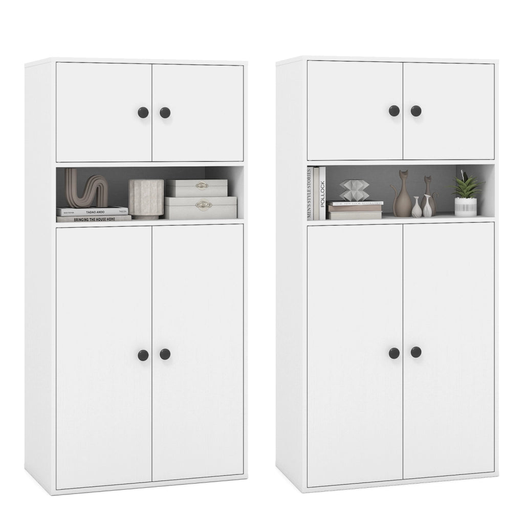 Libreria alta 111 cm con 4 ante-Vetrina autoportante con 2 kit anti-ribaltamento per casa Bianco