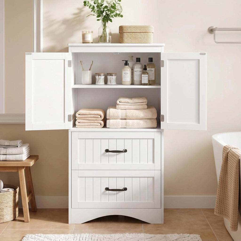 Armadietto da Cucina, Mobile bagno con 2 Cassetti, con Ripiani Regolabili, per Bagno, Soggiorno and Cucina, 60×30×110 cm,Bianco