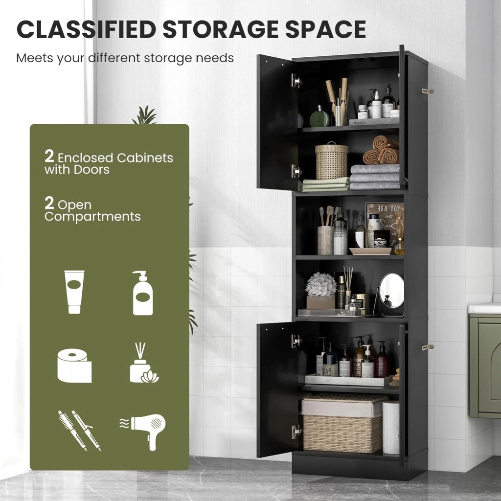 Credenza da Cucina Alta 190 cm con 4 Ante, 2 Scomparti Aperti e 6 Ripiani, 4 Kit Antiribaltamento, Armadio Portaoggetti per Cucina e Bagno