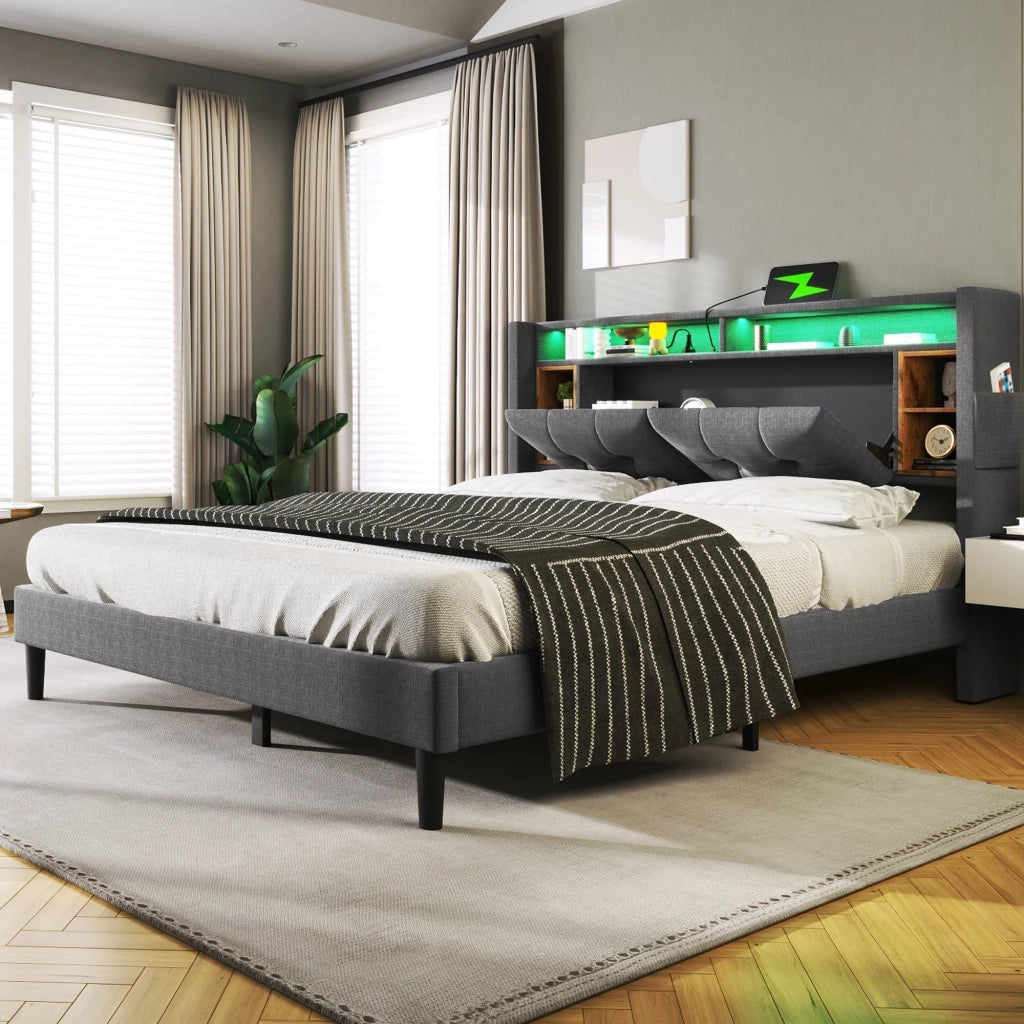 Letto matrimoniale imbottito 160x200 cm con LED; USB; presa; testiera contenitore e rete; grigio