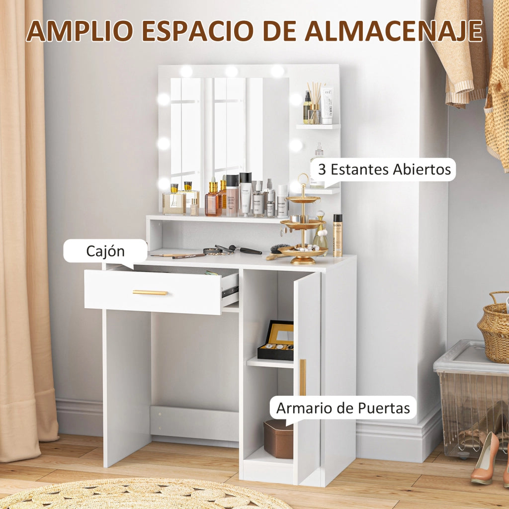 Cassettiera da trucco con specchio LED e sgabello ¨C zephmum ¨C bianco 60x40x