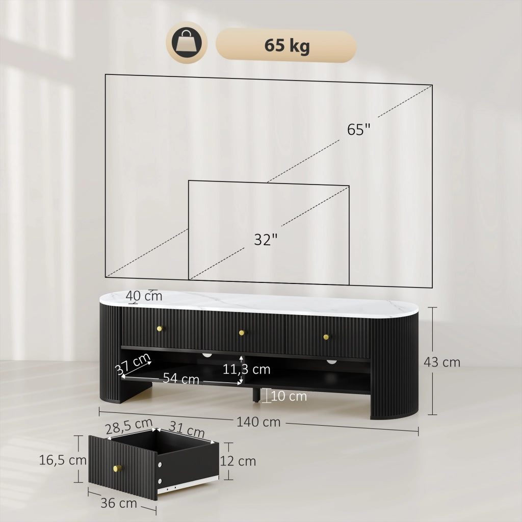 Mobile TV 140 cm con effetto marmo e 3 cassetti ¨C Minimal ¨C Nero 140x30x45