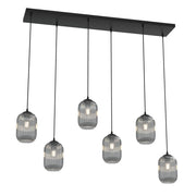 Lampadario 6 Luci Selene In Acciaio Nero E Vetri Plissettati Fumè