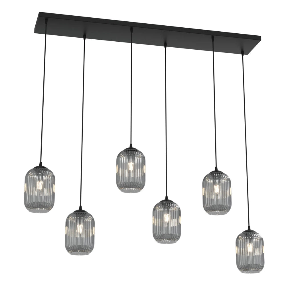Lampadario 6 Luci Selene In Acciaio Nero E Vetri Plissettati Fumè