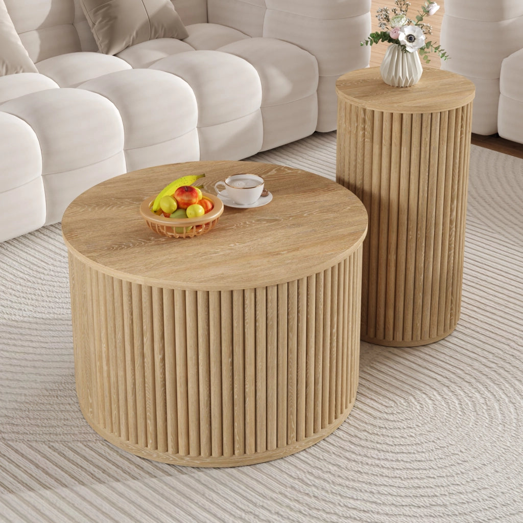 Set di tavolini da caffè 60x60x38.5+30x30x56 cm con motivo a strisce verticali 3D in MDF naturale