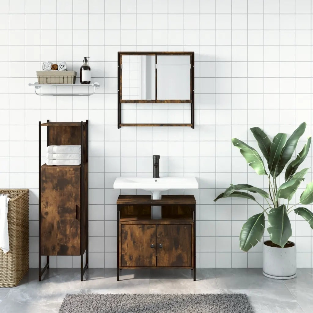 Set Mobili da Bagno | Armadio da bagno 3 pz Rovere Fumo in Legno Multistrato