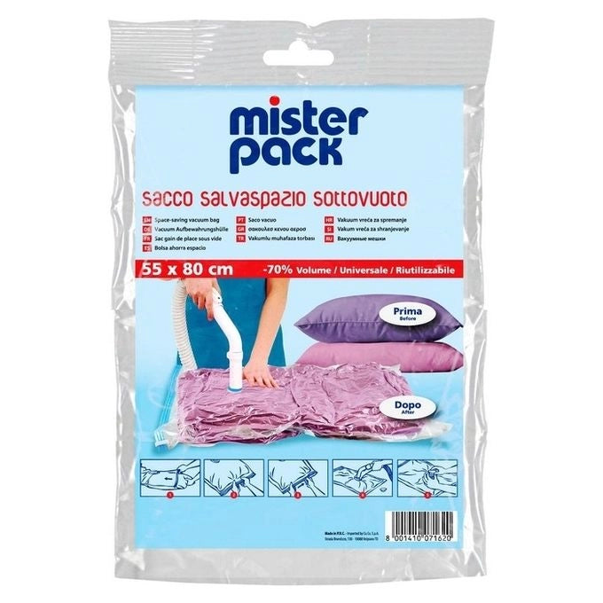 CUKI 913085 Sacco Sottovuoto Salvaspazio Custodia Abbigliamento Taglia L 55x80 cm Valvola Universale colore Trasparente