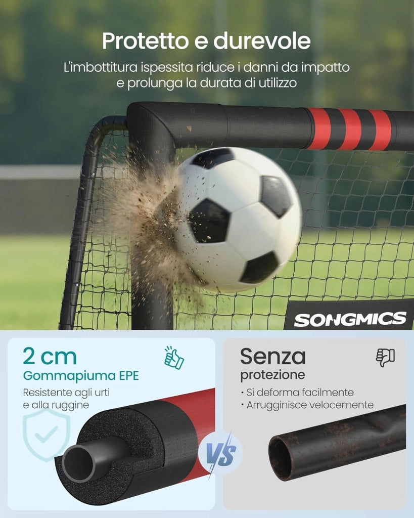 SONGMICS Porta da Calcio, per Tutte le Età, in Acciaio, Rete in PE, per Esterni, Giardino, Spiaggia, 120 x 300 x 200 cm, Rivestita in Gommapiuma, Nero SZQ301RZ02
